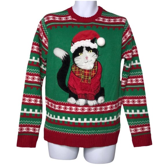 NWT 33 Degrees Santa Claus Cat Sweater Mens L Ugly Pullover Funny Party Striped - Picture 1 of 10